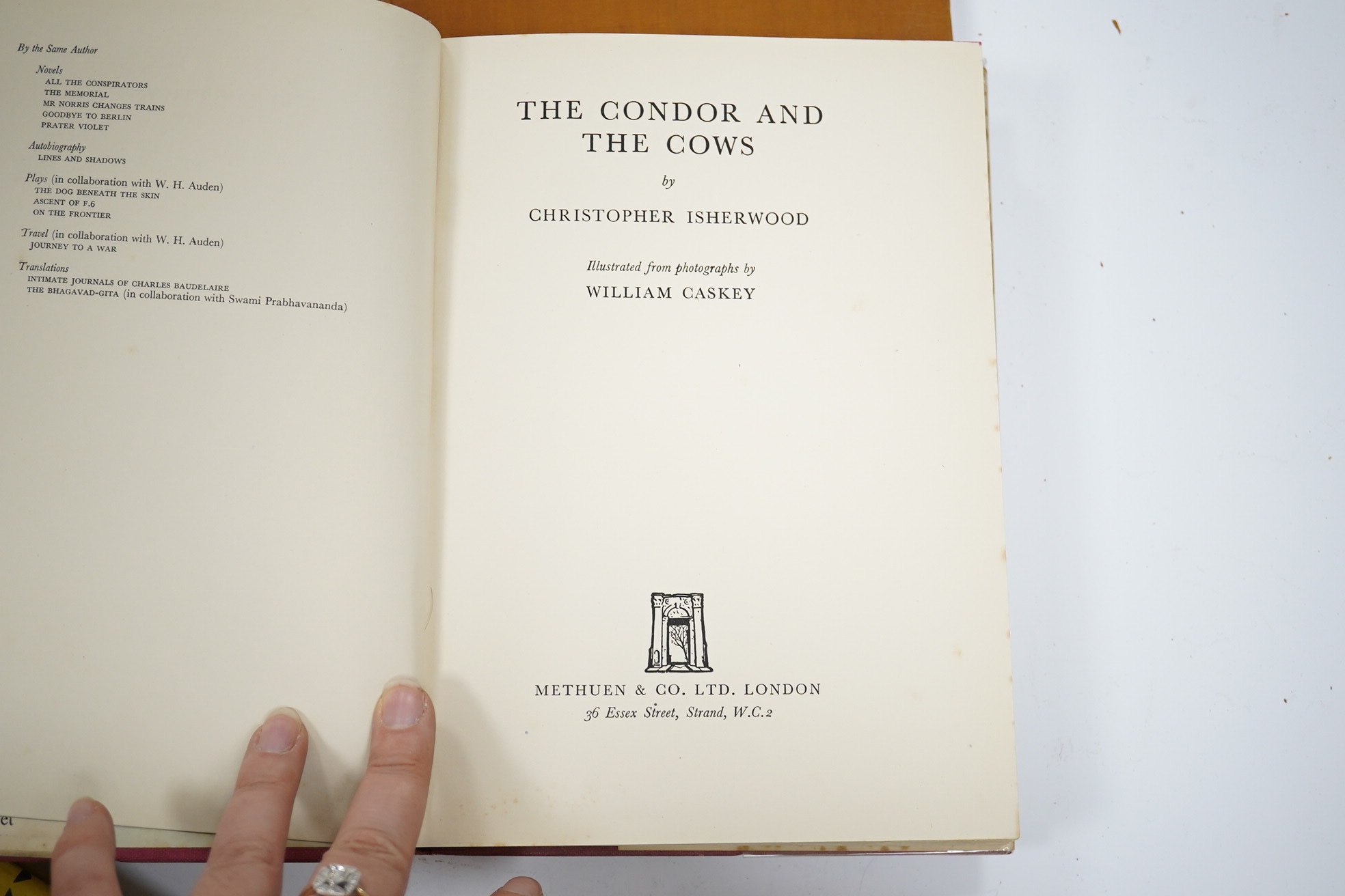 Amis, Kingsley - I Like It Here: a novel. 1st Edition. half title; publisher's cloth and d/wrapper. Victor Gollancz, 1958; Isherwood, Christopher - The Condor and the Cows. 1st Edition.